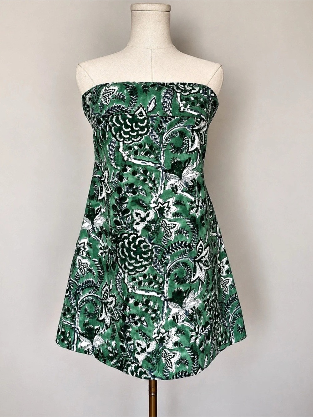 Cocolillys Green Botanical Floral Strapless A-Line Mini Dress Size L Lined